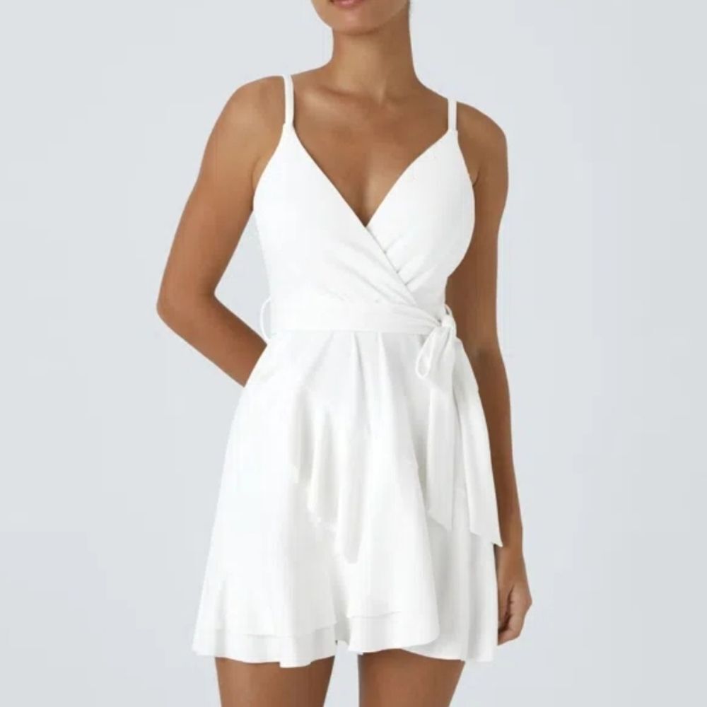 3038 Halara V Neck Tie Side Ruffle 2-Piece Pocket Flowy Mini Casual Dress XL